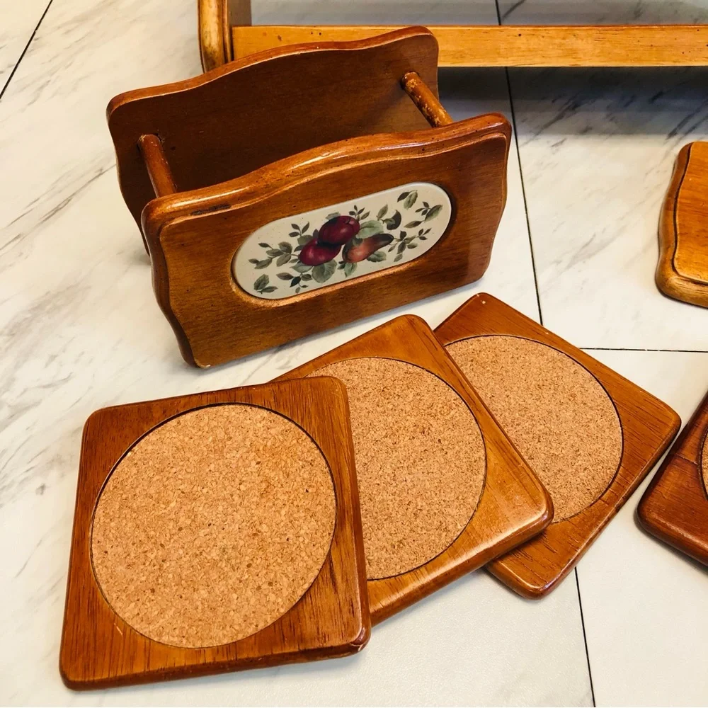 VTG Wood Countertop Trinket Shelf Spice Rack Napkin Coaster Holders Set Cottage
